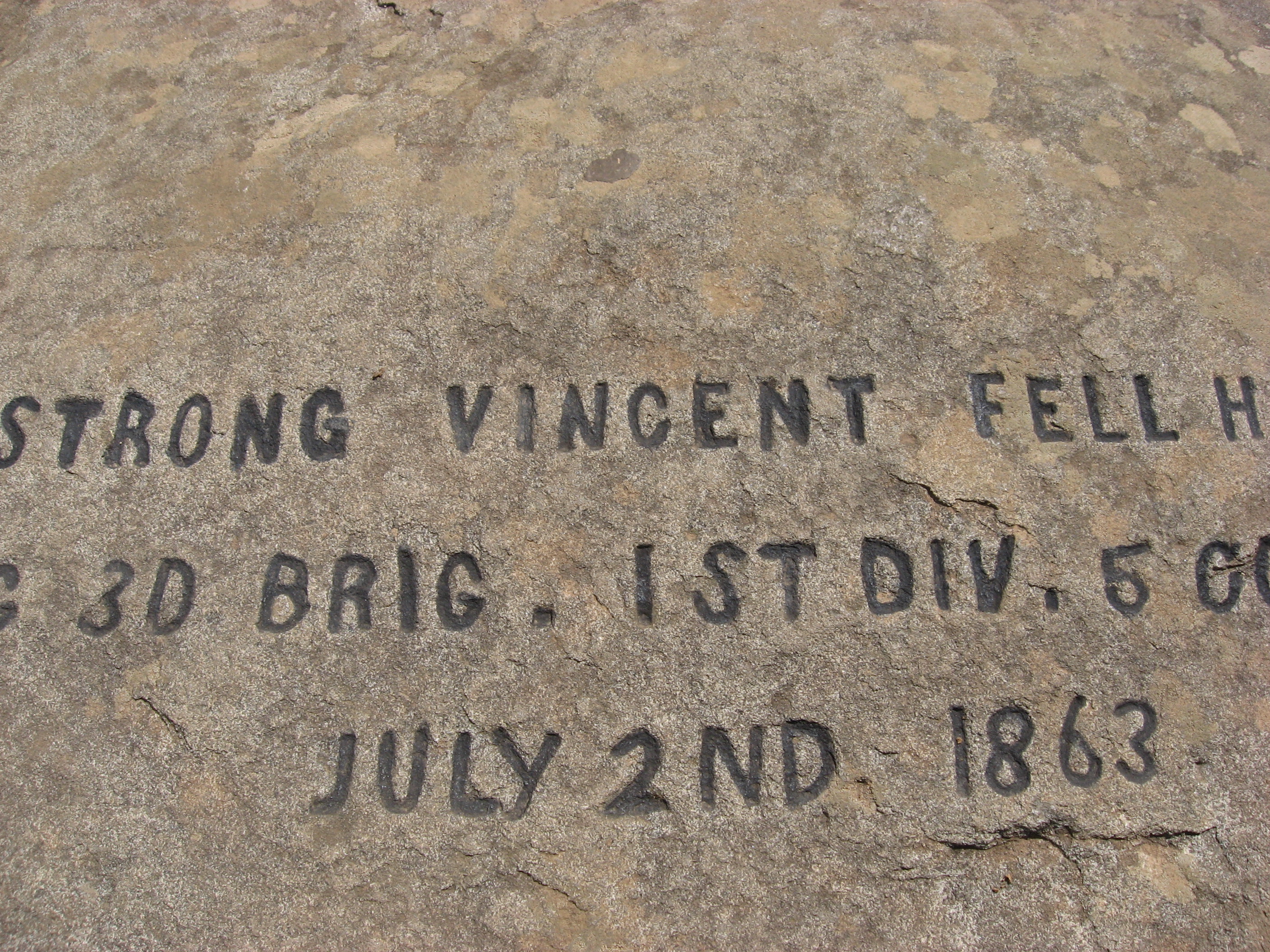 Rock marked as the spot where Strong Vincent fell. Rock is on west end of  Little